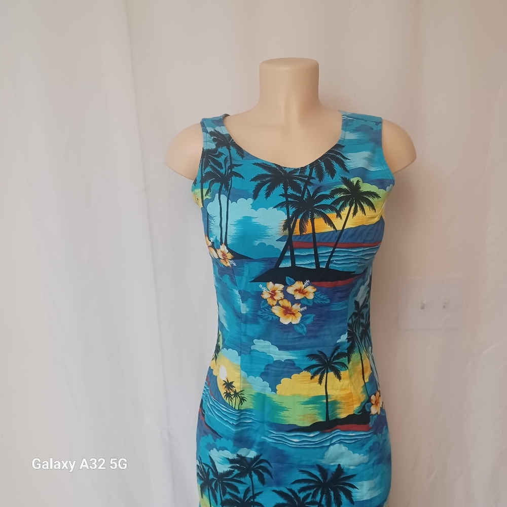 Vintage Aloha Republic SZ M Tropical Blue Sleeveless Dress Made Hawaii Summer - Picture 4 of 15